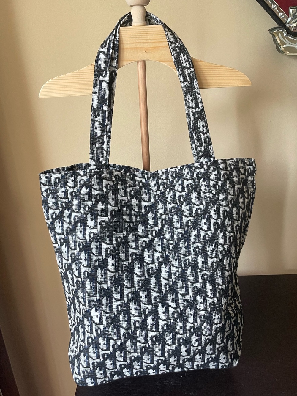 Black Canvas Handmade Dior Print Tote Bag